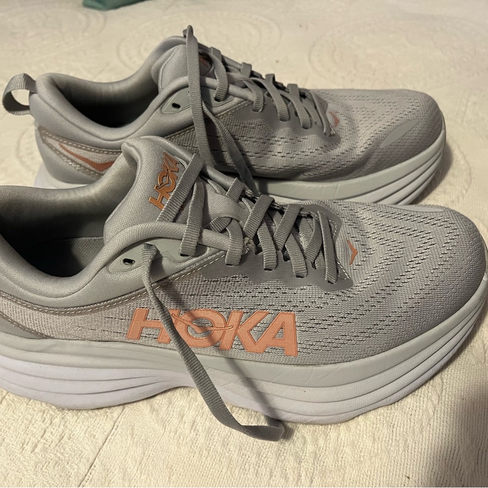 Hoka Gray and Peach Athletic Shoes